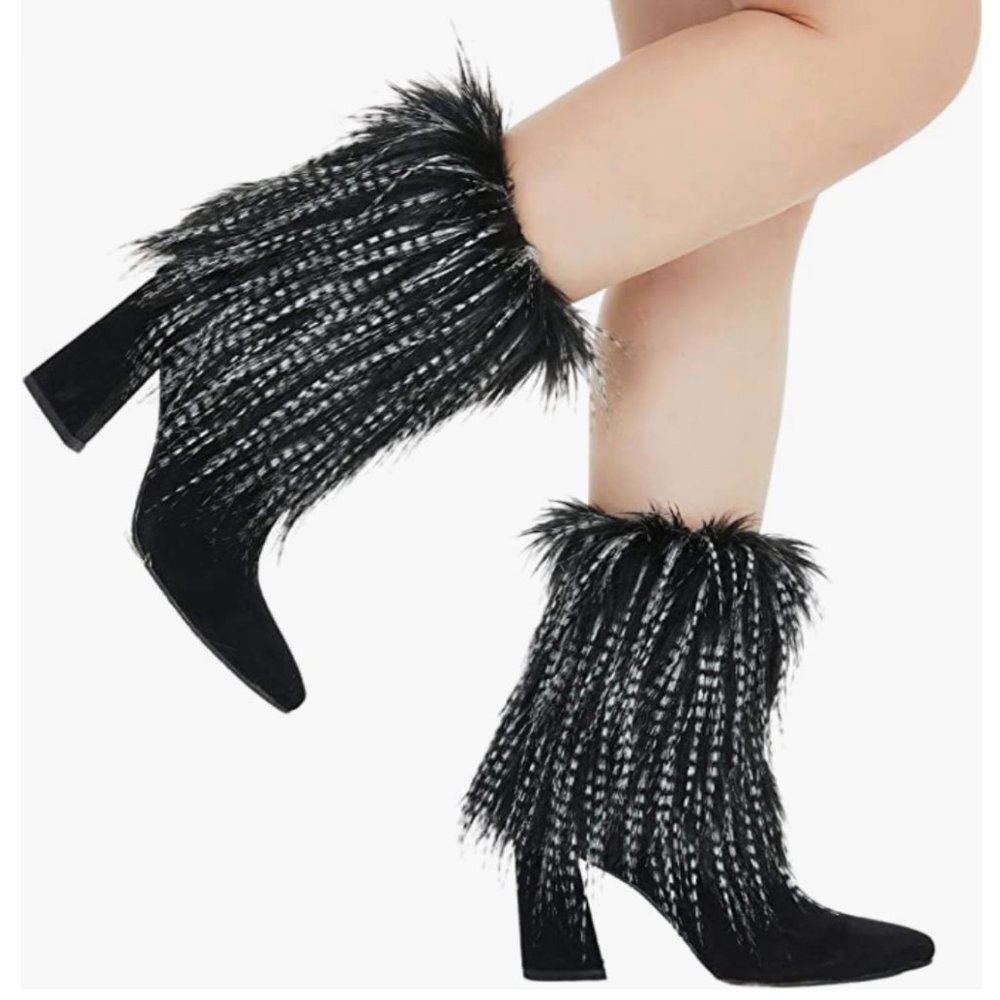 Black & White Fuzzy Faux Fur Feather Cuff Boot Covers Leg Warmer Socks‎